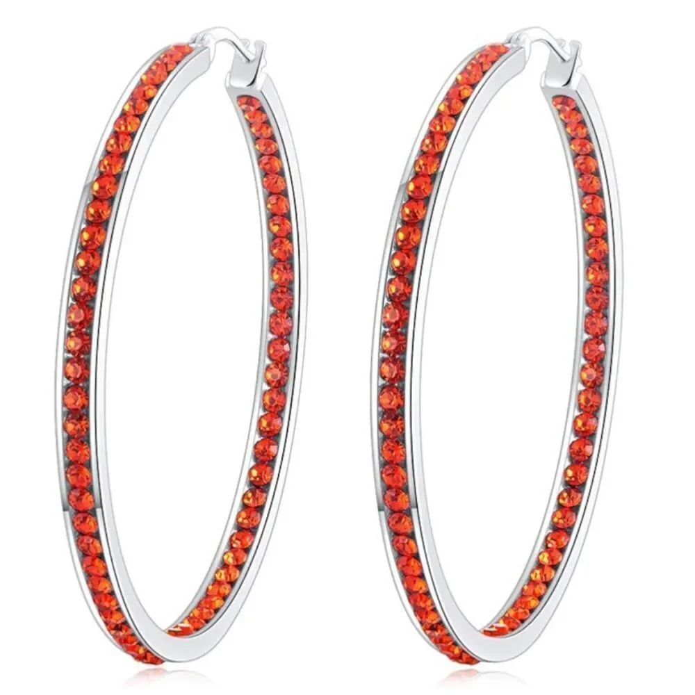 14K White Gold with Ruby Red Cubic Zirconia Big Hoop Latch Back Earrings